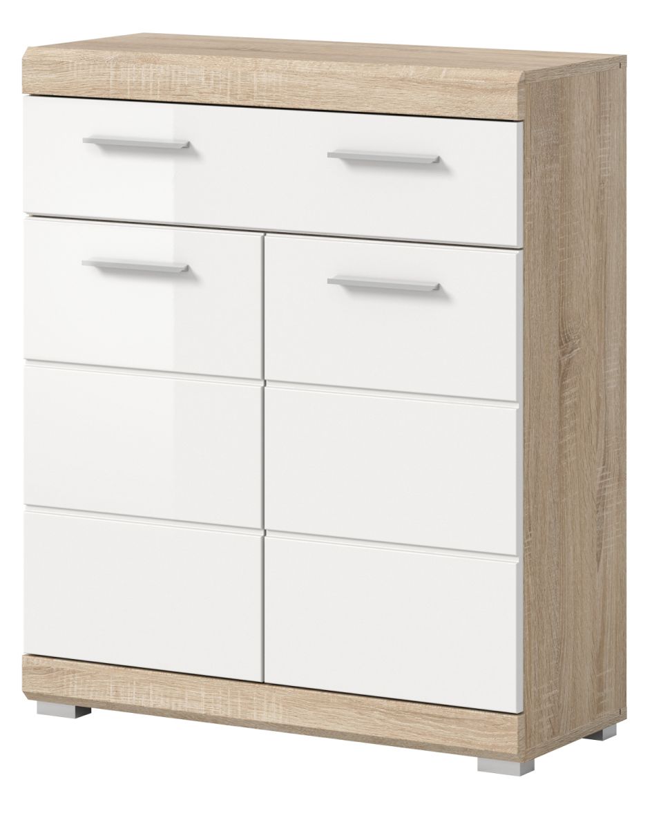 Badezimmer Kommode Mambo in weiß Hochglanz und Eiche 74 x 88 cm