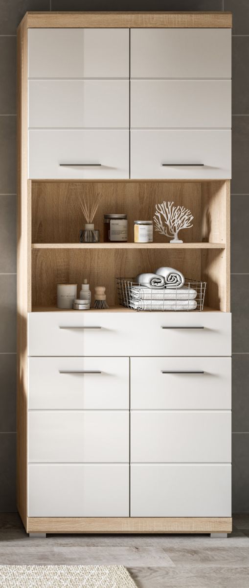 Badezimmer Hochschrank Mambo in weiß Hochglanz und Eiche 74 x 191 cm