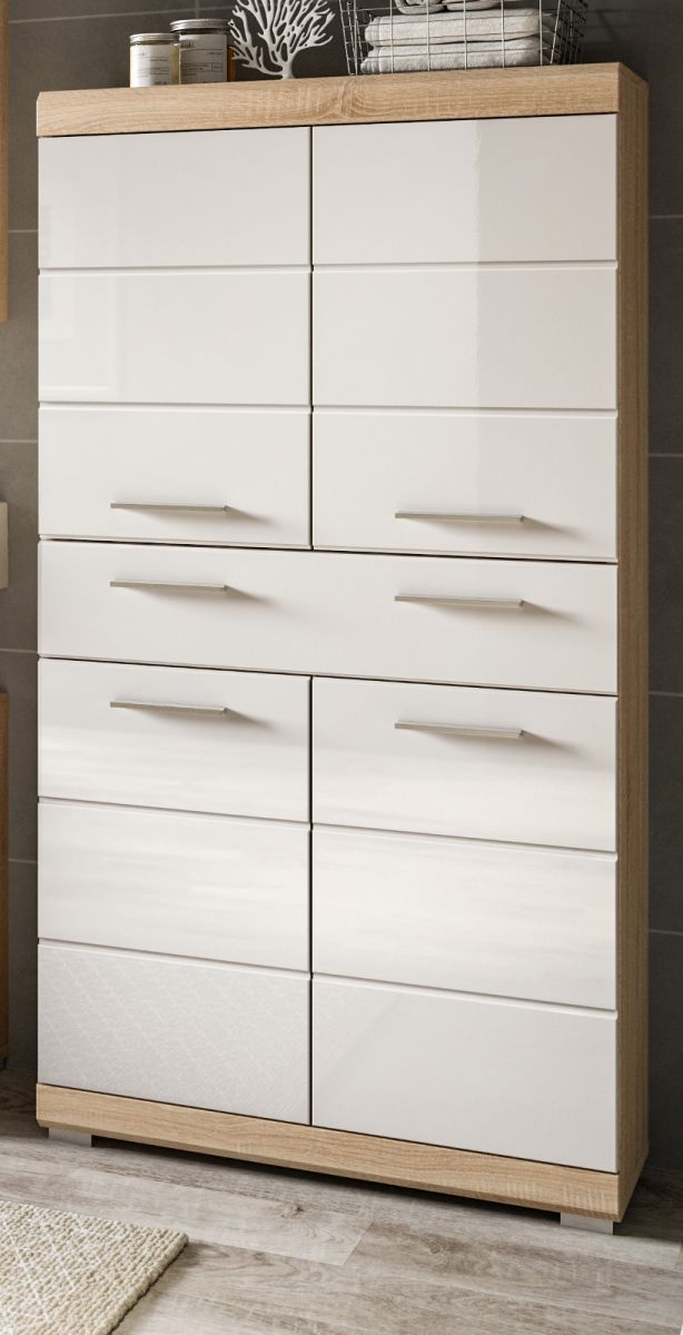 Badezimmer Midischrank Mambo in weiß Hochglanz und Eiche 74 x 141 cm