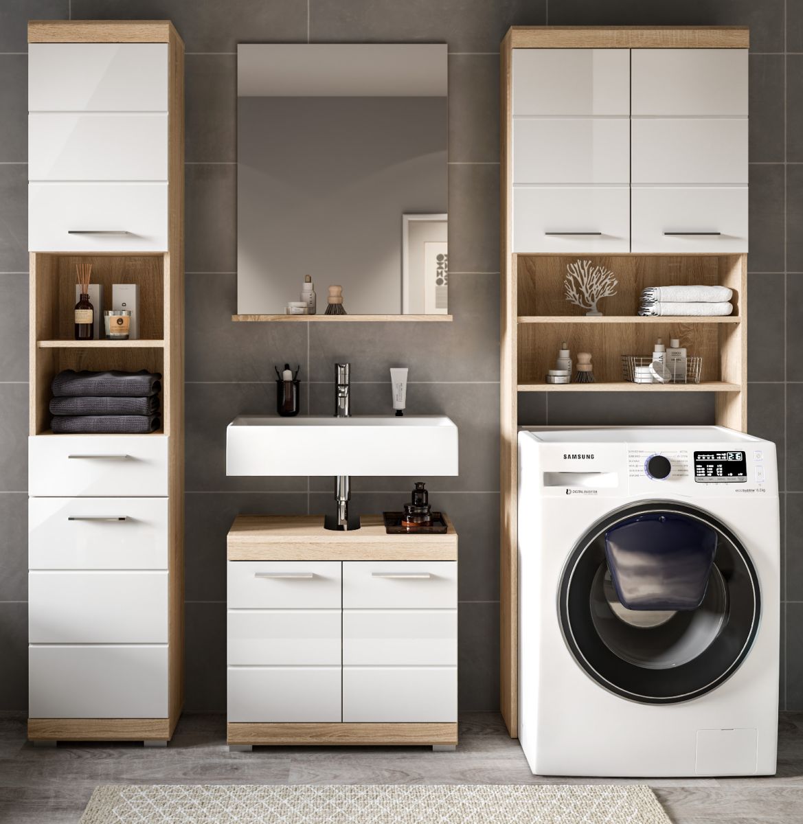 Badmöbel Set Mambo in weiß Hochglanz und Eiche 4-teilig 190 cm