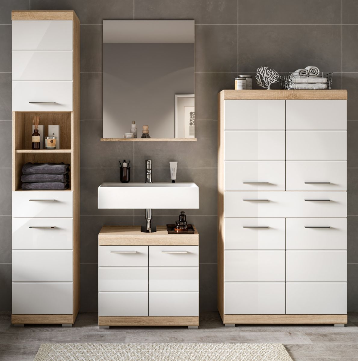 Badmöbel Set Mambo in weiß Hochglanz und Eiche 4-teilig 186 cm