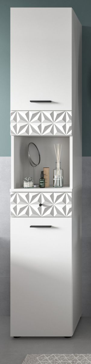 Badezimmer Hochschrank Relief in weiß Hochglanz 35 x 187 cm
