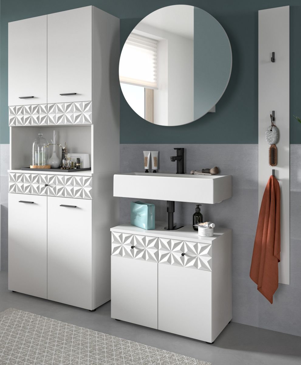 Badmöbel Set Relief in weiß Hochglanz 4-teilig 186 cm