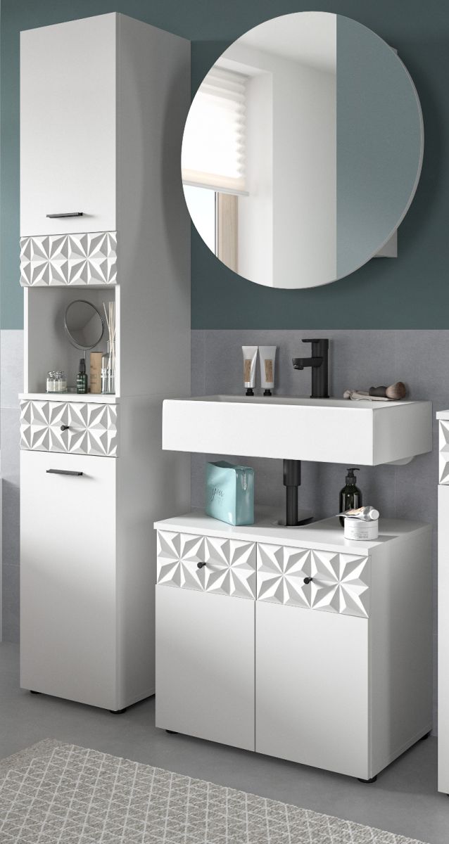 Badmöbel Set Relief in weiß Hochglanz 3-teilig 120 cm