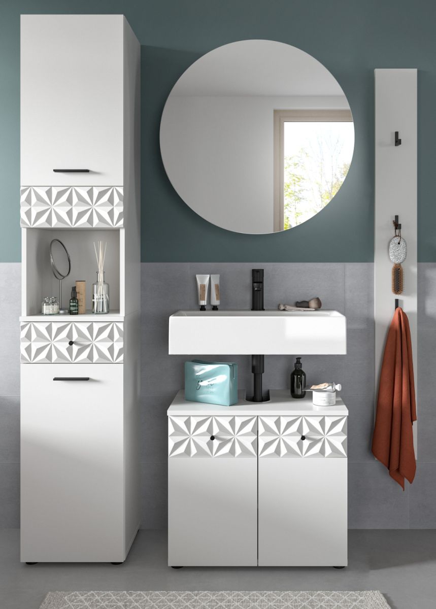 Badmöbel Set Relief in weiß Hochglanz 4-teilig 150 cm