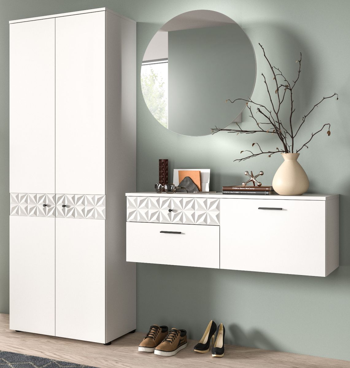 Garderobe Set Relief in weiß Hochglanz 195 cm