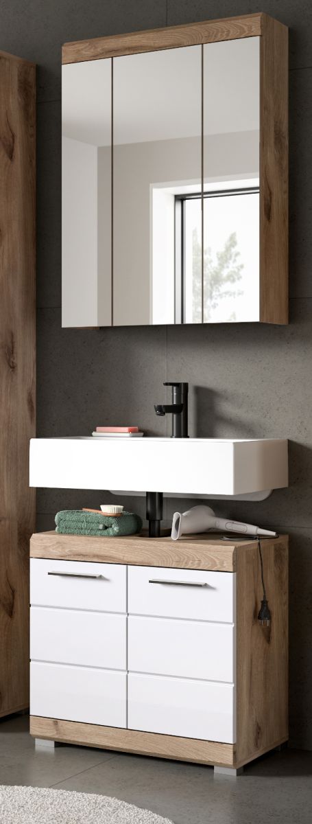 Badmöbel Set Willow in weiß Hochglanz und Eiche 2-teilig 60 cm