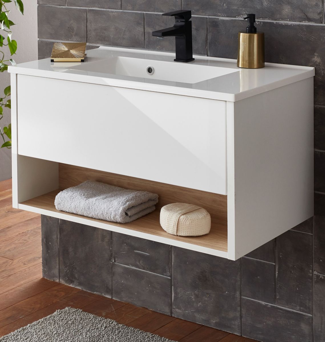 Waschbeckenunterschrank mit Waschbecken Glide in weiß Hochglanz und Eiche 80 cm