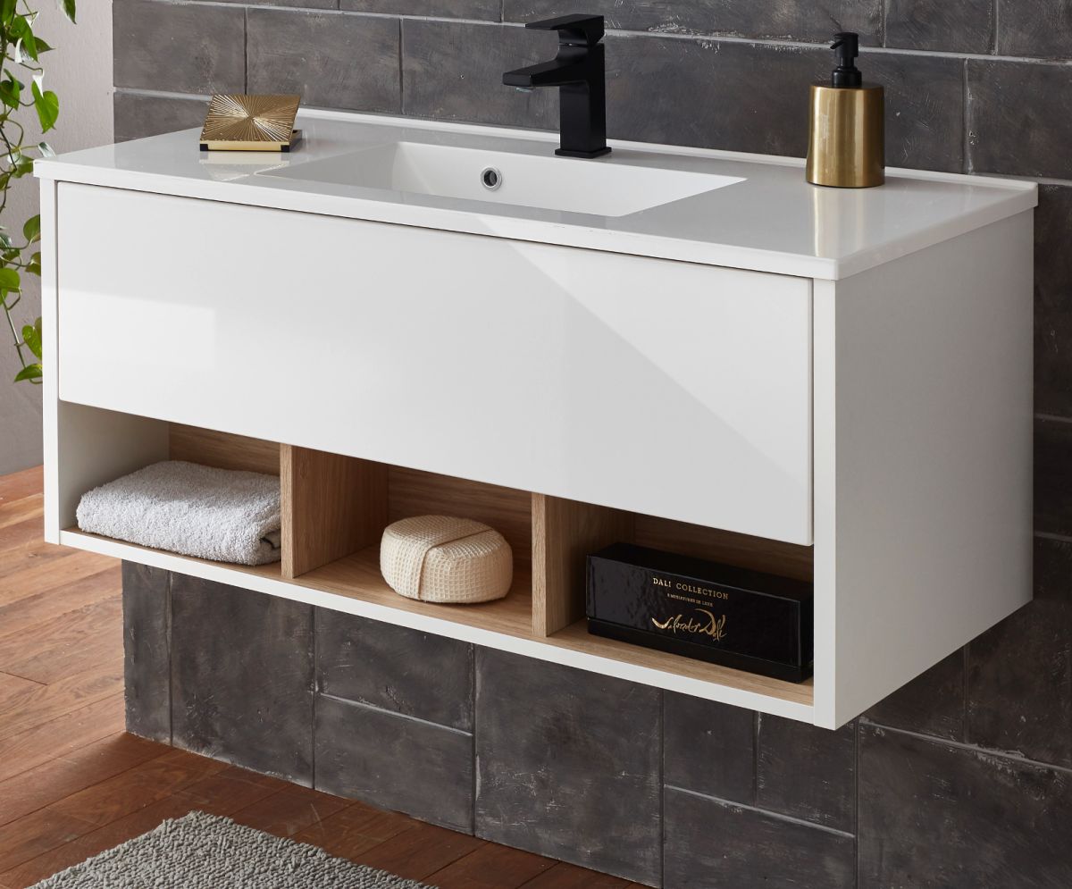 Waschbeckenunterschrank mit Waschbecken Glide in weiß Hochglanz und Eiche 100 cm