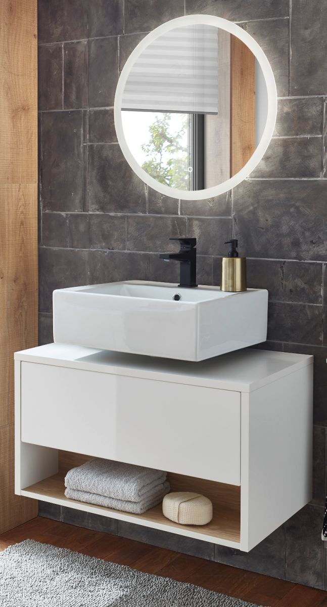 Badmöbel Set 2-teilig Glide in weiß Hochglanz und Eiche 80 x 190 cm