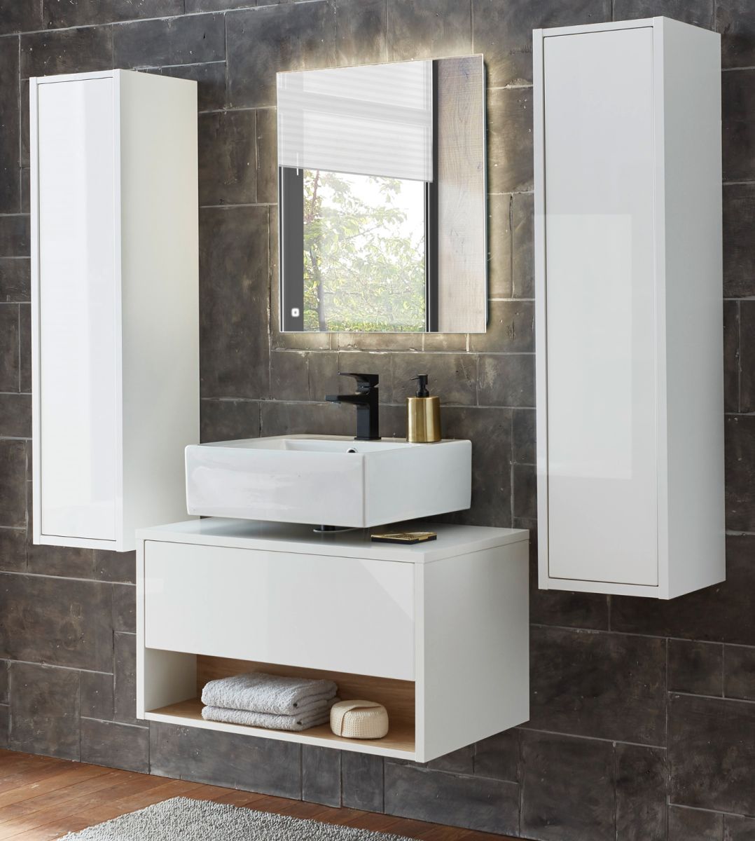 Badmöbel Set 4-teilig Glide in weiß Hochglanz und Eiche 160 x 190 cm