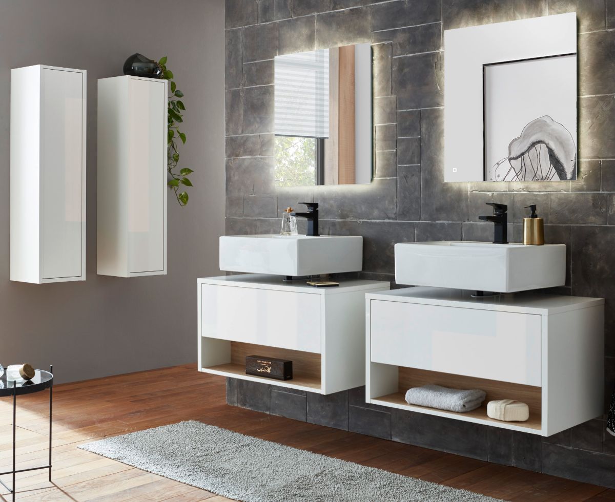 Badmöbel Set 6-teilig Glide in weiß Hochglanz und Eiche 250 x 190 cm