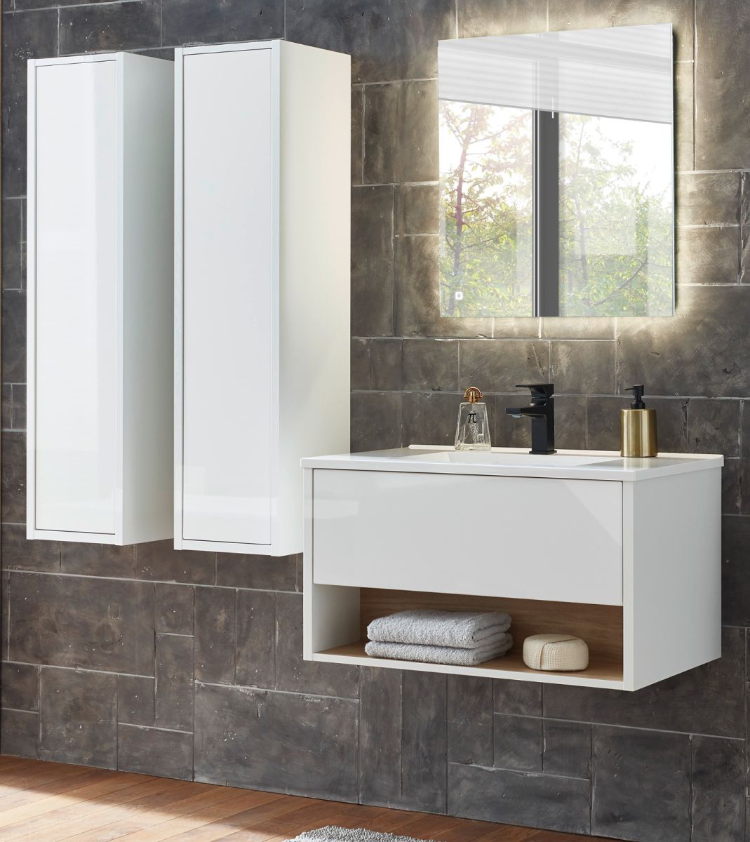 Badmöbel Set Glide in weiß Hochglanz und Eiche 160 x 190 cm