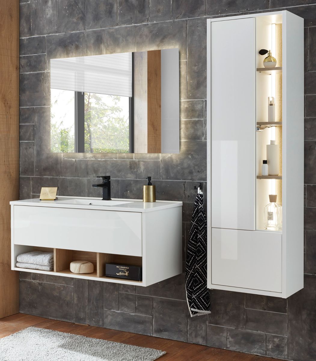 Badmöbel Set Glide in weiß Hochglanz und Eiche 155 x 190 cm