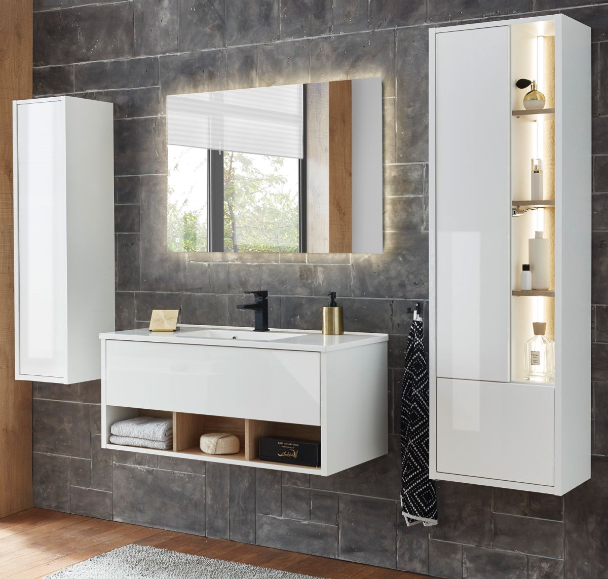 Badmöbel Set Glide in weiß Hochglanz und Eiche 195 x 190 cm