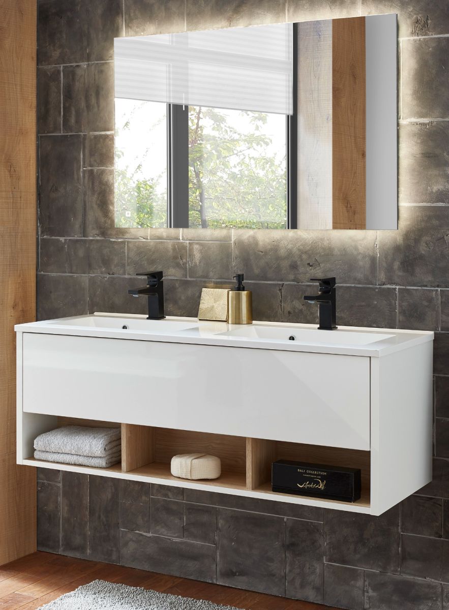 Badmöbel Set Glide in weiß Hochglanz und Eiche 120 x 190 cm