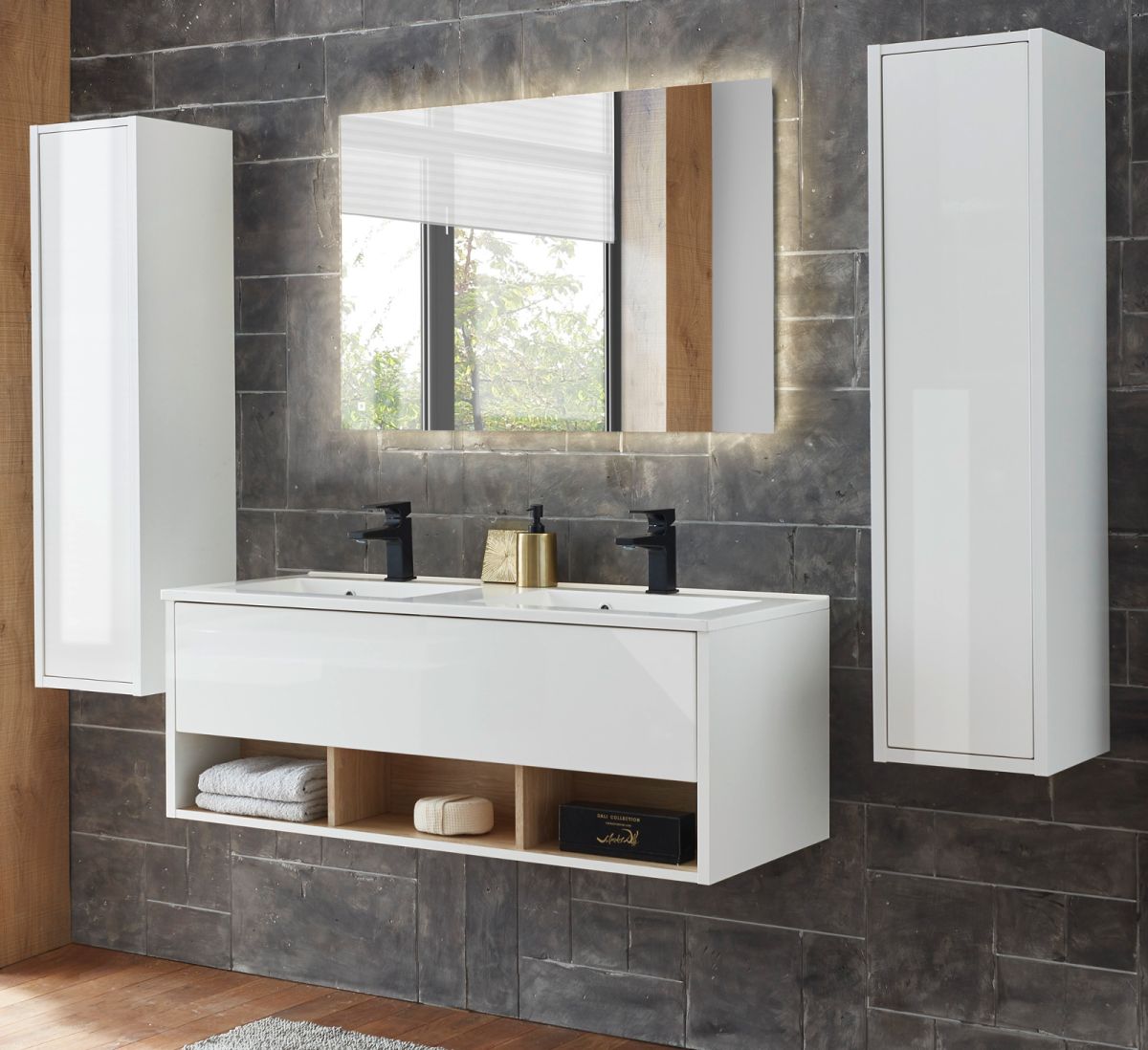 Badmöbel Set Glide in weiß Hochglanz und Eiche 200 x 190 cm