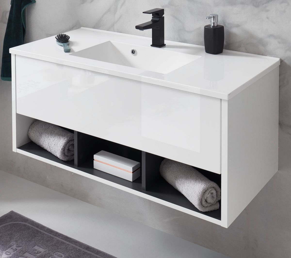 Waschbeckenunterschrank mit Waschbecken Glide in weiß Hochglanz und grau 100 cm