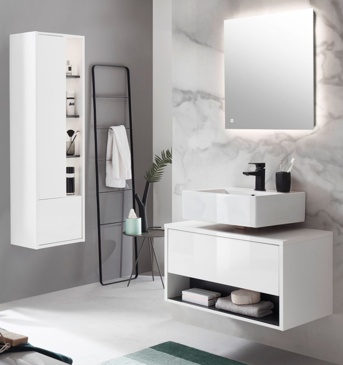 Badmöbel Set 3-teilig Glide in weiß Hochglanz und grau 135 x 190 cm