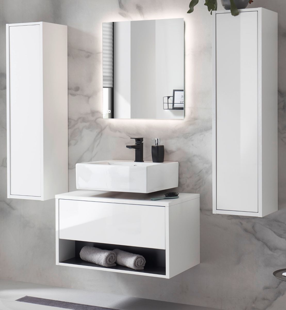 Badmöbel Set 4-teilig Glide in weiß Hochglanz und grau 160 x 190 cm