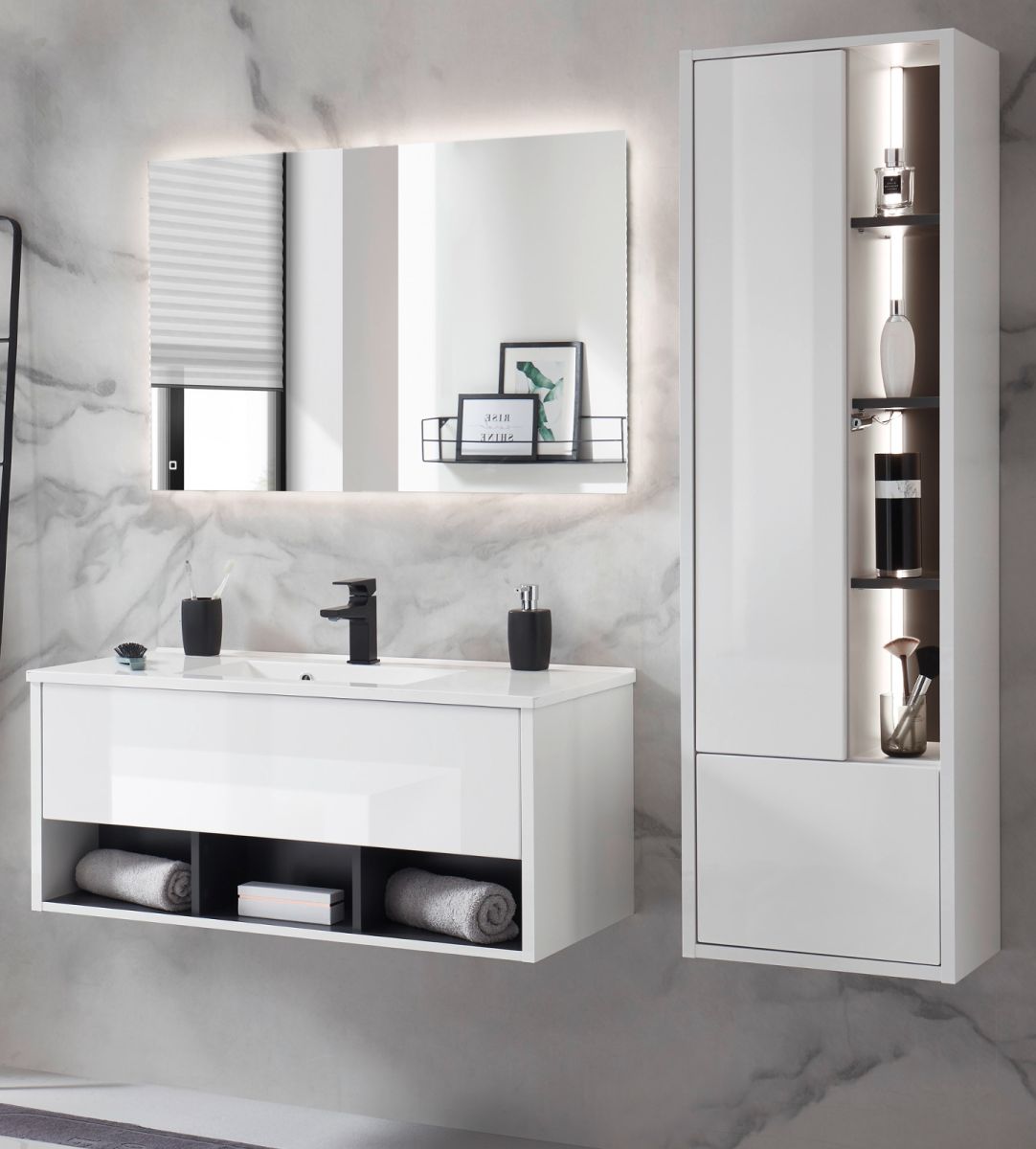 Badmöbel Set Glide in weiß Hochglanz und grau 155 x 190 cm