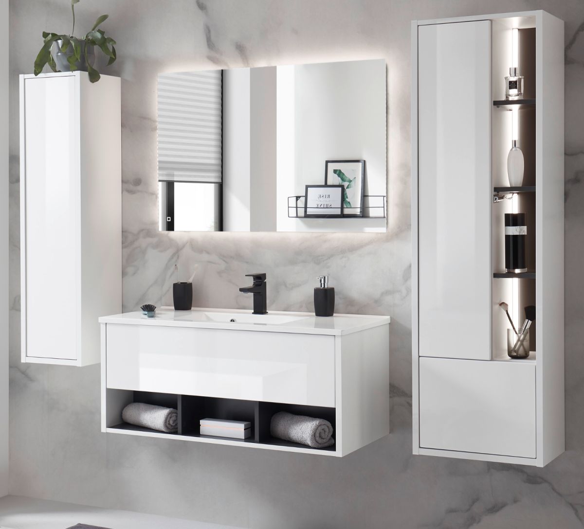 Badmöbel Set Glide in weiß Hochglanz und grau 195 x 190 cm