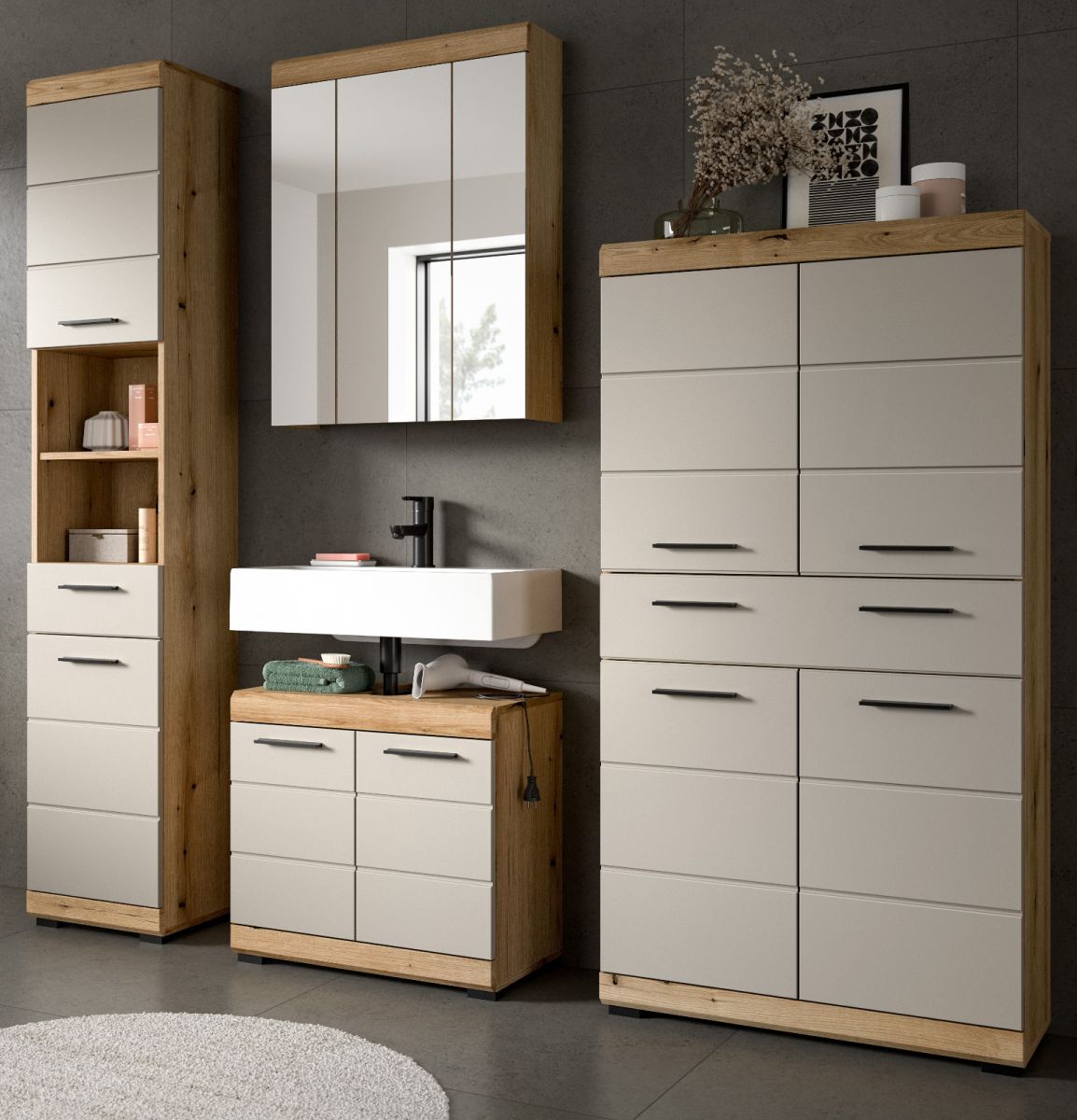Badmöbel Set Shawn in sand und Eiche 4-teilig 200 cm