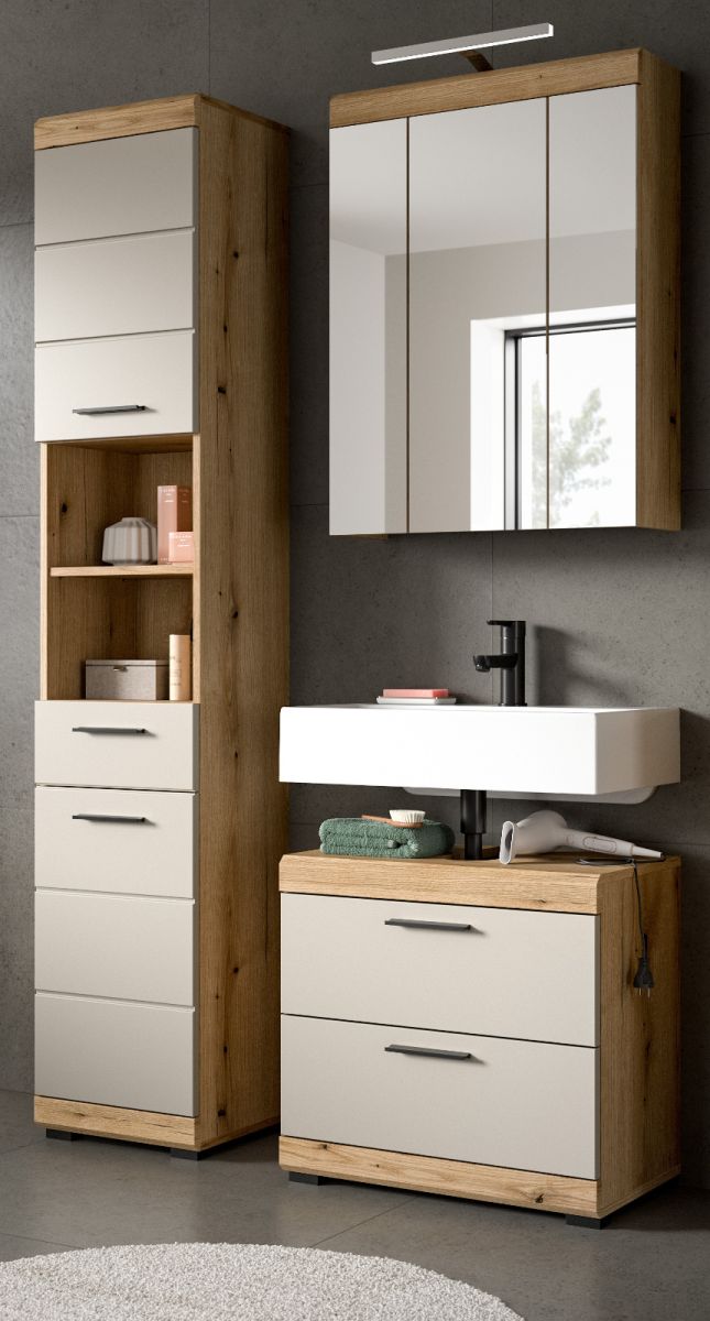 Badmöbel Set Shawn in sand und Eiche 3-teilig 112 cm