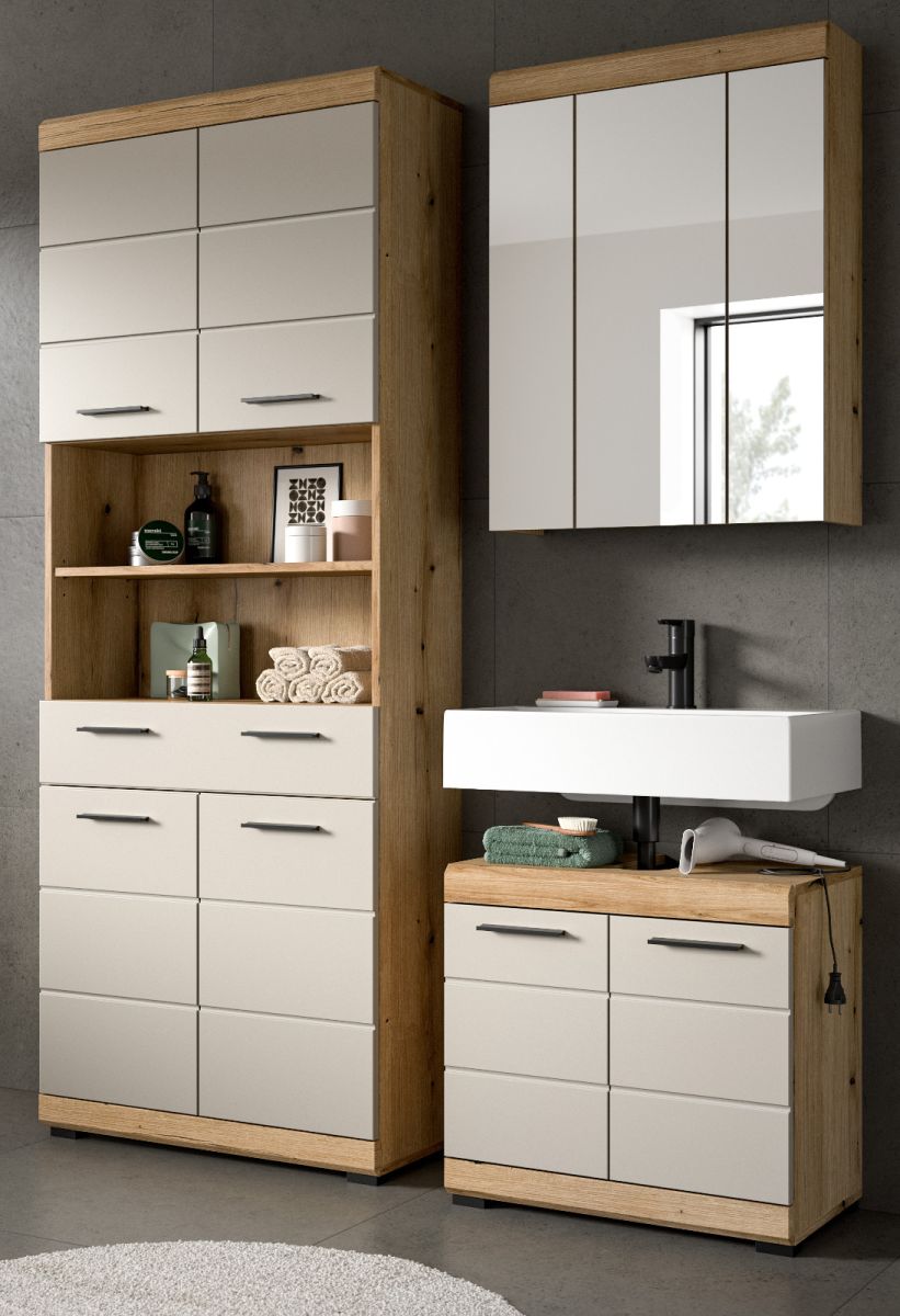 Badmöbel Set Shawn in sand und Eiche 3-teilig 149 cm