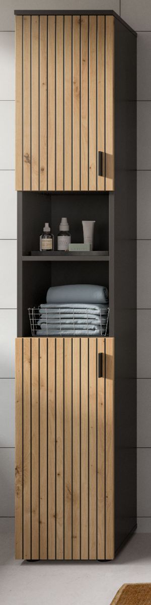 Badezimmer Hochschrank Livia in Eiche und grau 30 x 192 cm
