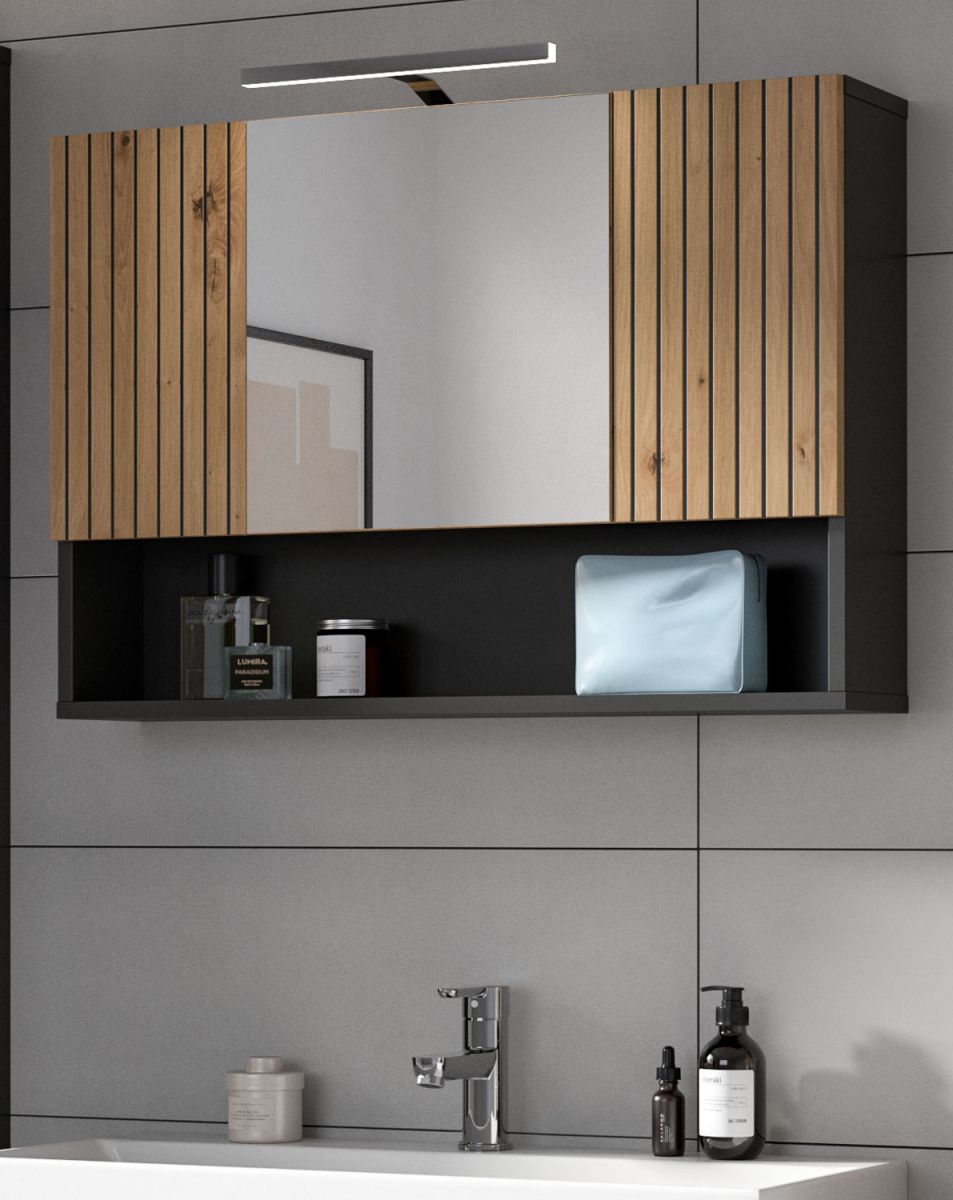 Badezimmer Spiegelschrank Livia in Eiche und grau 80 x 55 cm