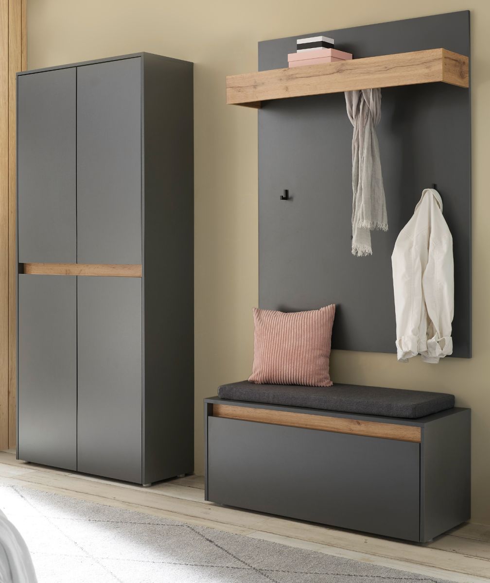 Garderobe Set 4-tlg. Center in grau matt und Eiche Wotan 195 x 200 cm