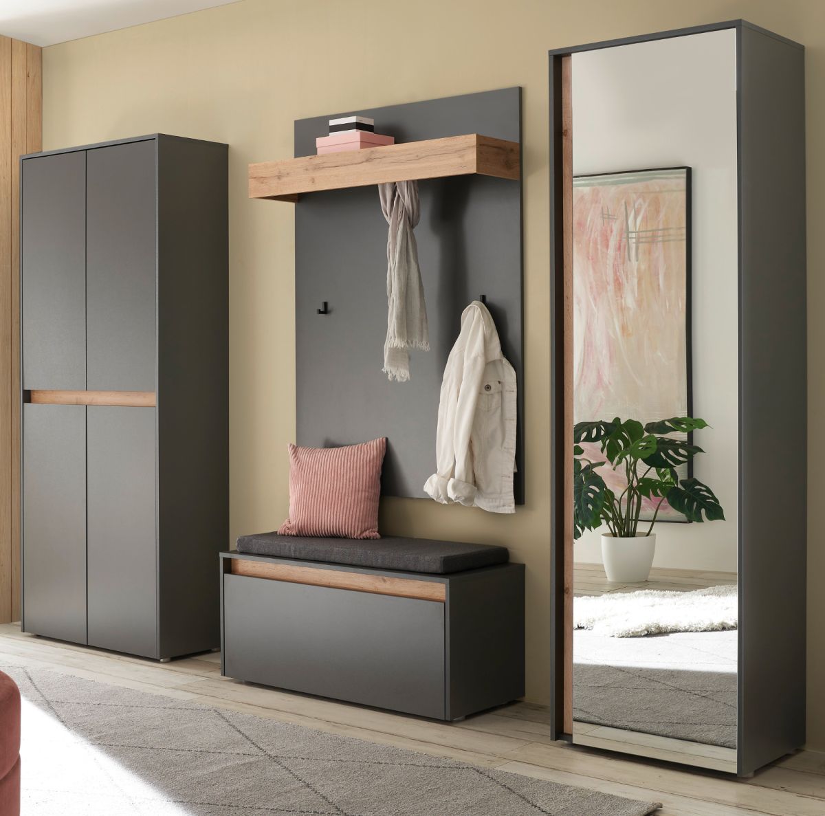 Garderobe Set 5-tlg. Center in grau matt und Eiche Wotan 265 x 200 cm