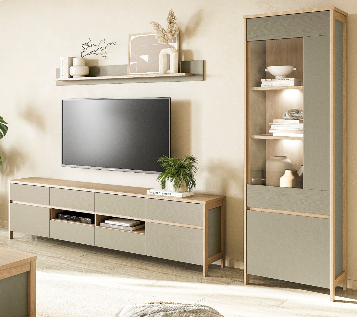 Wohnwand Finnes in Salbei und Eiche 266 x 195 cm