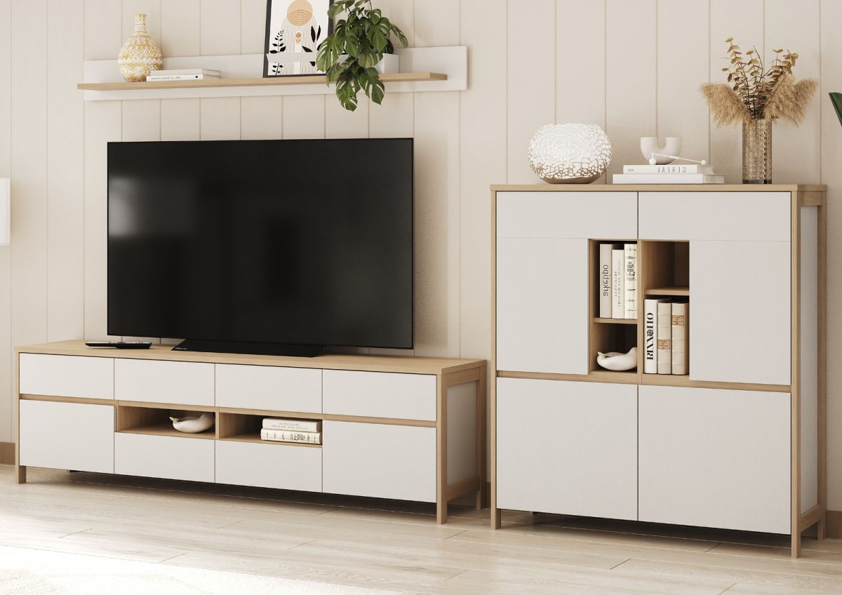 Wohnwand Finnes in weiß und Eiche 319 cm