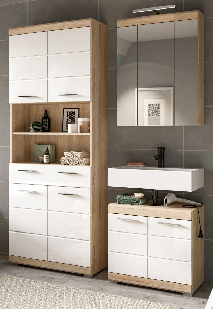 Badmöbel Set Mambo in weiß Hochglanz und Eiche 3-teilig 149 cm