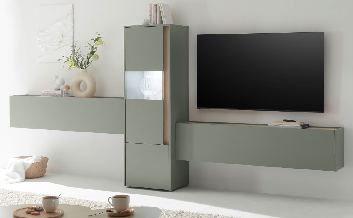 Wohnwand 3-teilig Center in Salbei und Eiche 350 cm