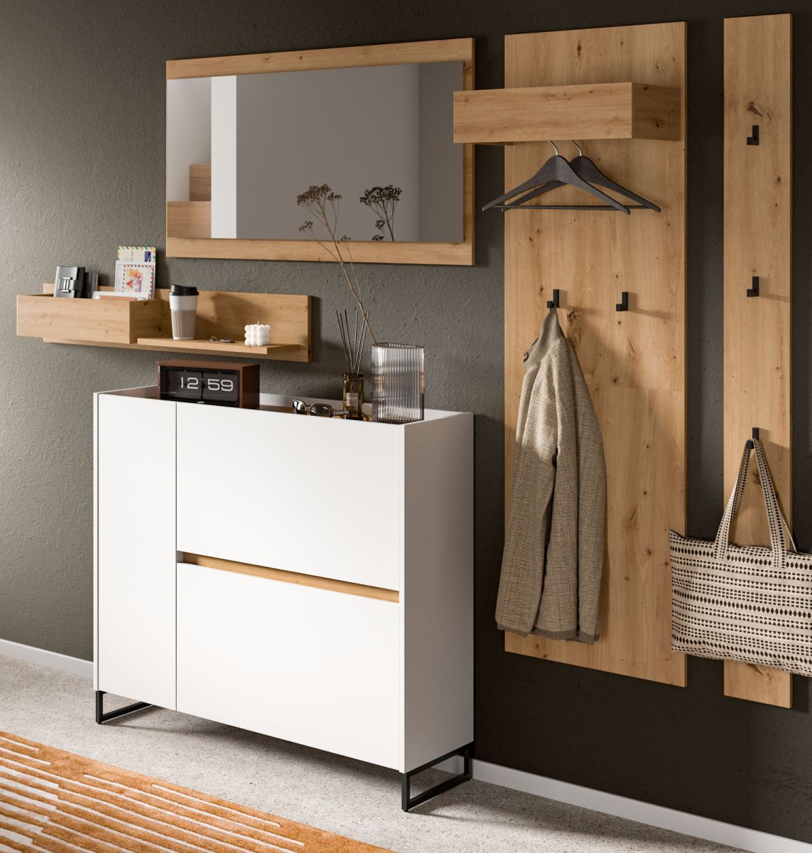 Garderobe Set 5-tlg. Borga in weiß und Eiche 236 cm
