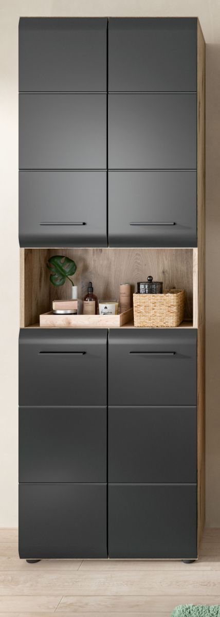 Badezimmer Hochschrank Cover in schwarz und Eiche 60 x 185 cm