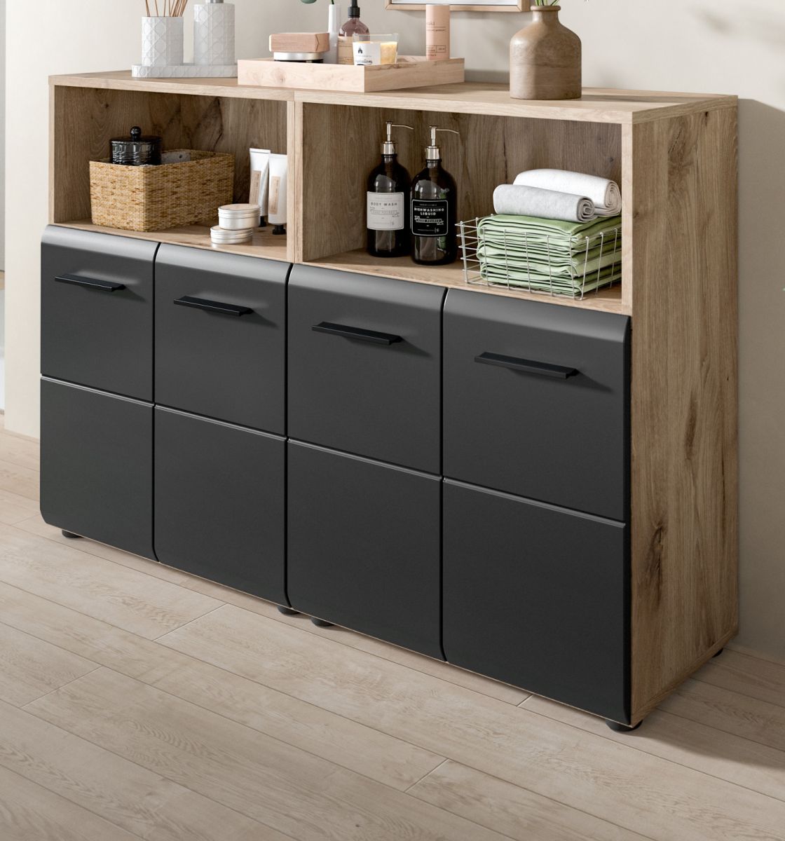 Badezimmer Kommode Set Cover in schwarz und Eiche 120 x 80 cm