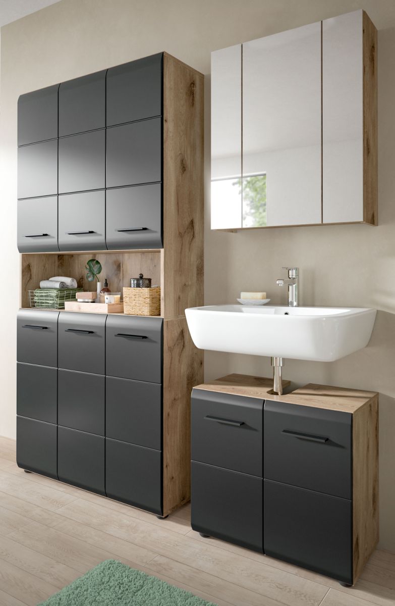 Badmöbel Set Cover in schwarz und Eiche 3-teilig 165 cm