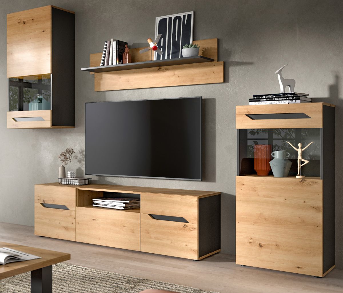 Wohnwand Aversa in Eiche und grau 254 cm