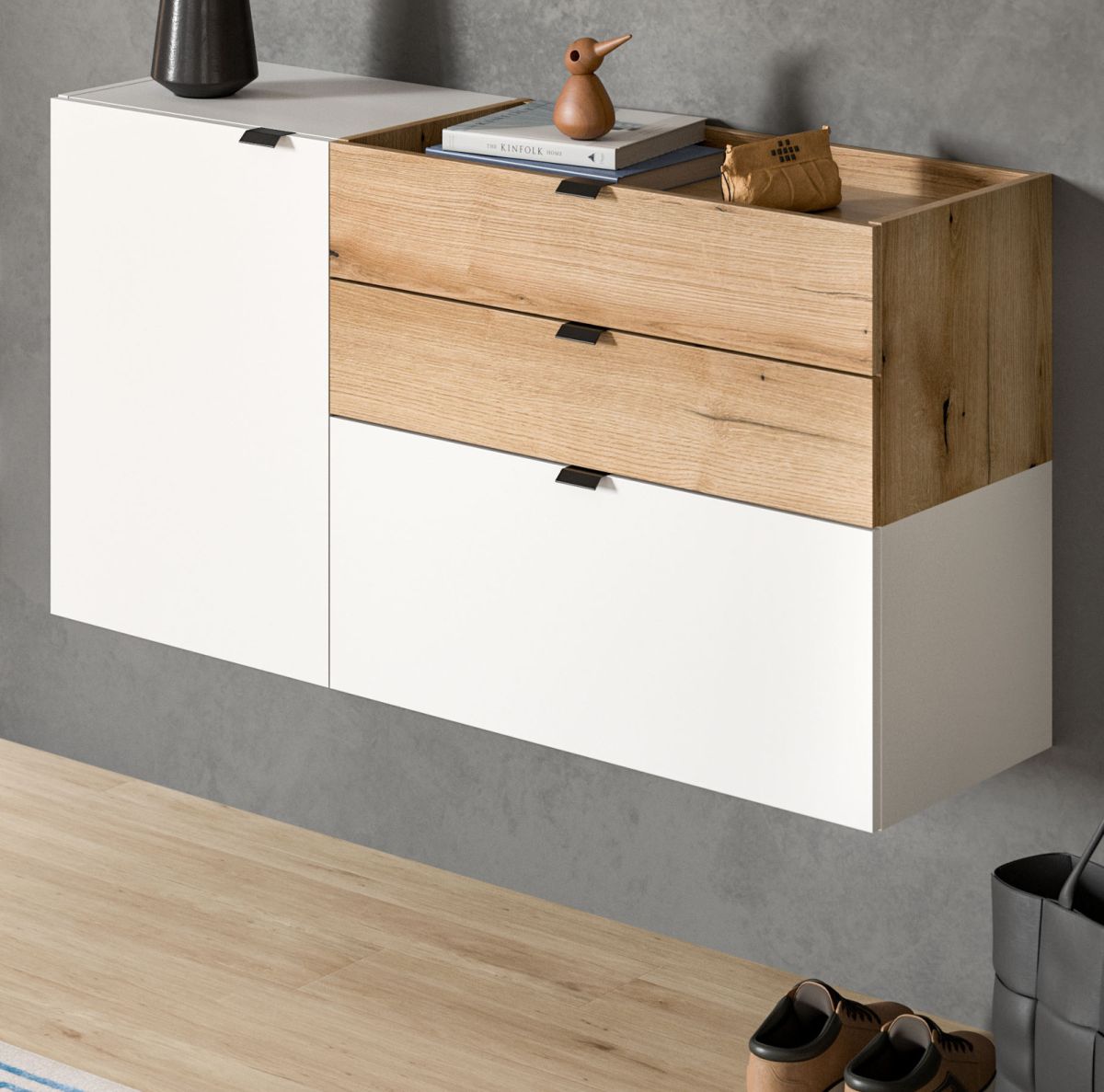 Schuhschrank Janko in weiß und Eiche hängend 75 x 98 cm