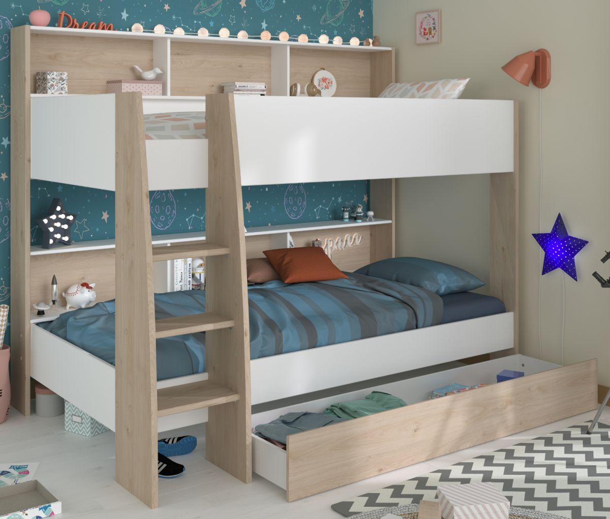 Parisot Etagenbett Shelter in weiß und Eiche Liegefläche 90 x 200 cm