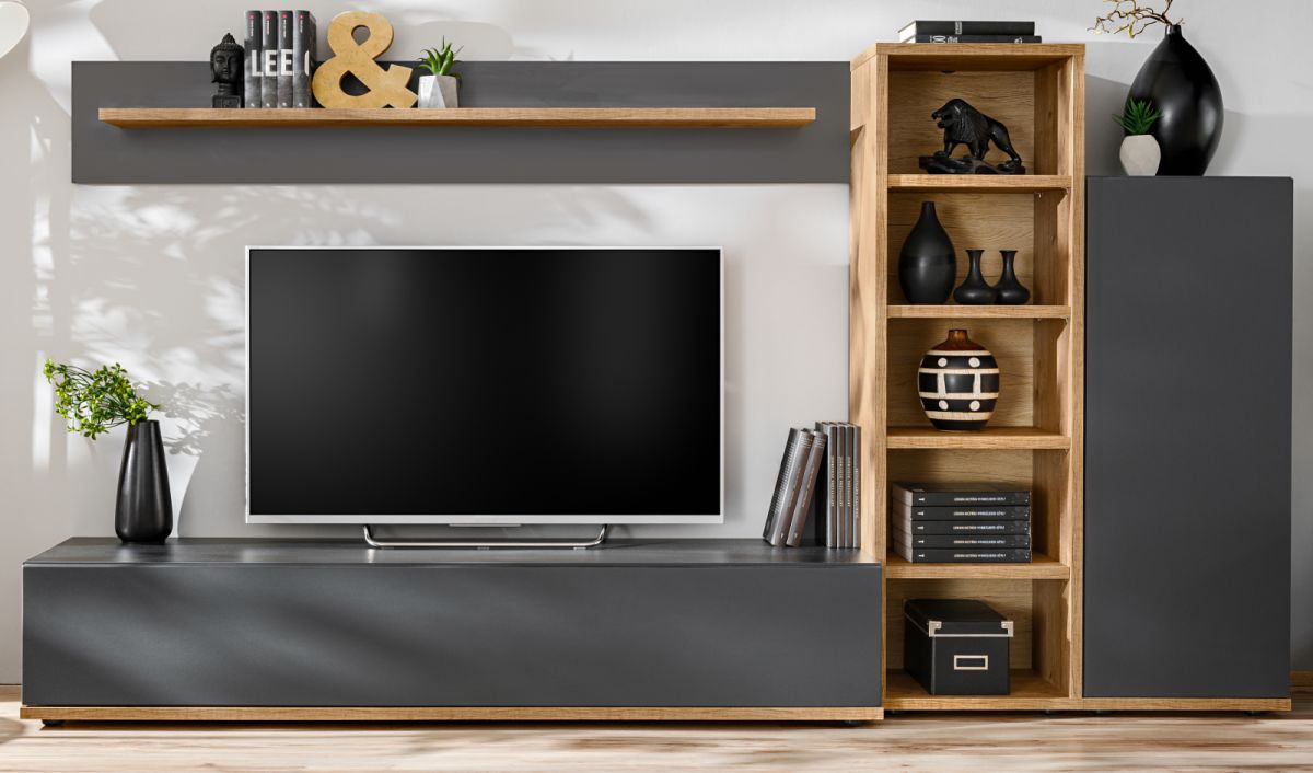 Wohnwand Lester in grau und Wotan Eiche 240 cm