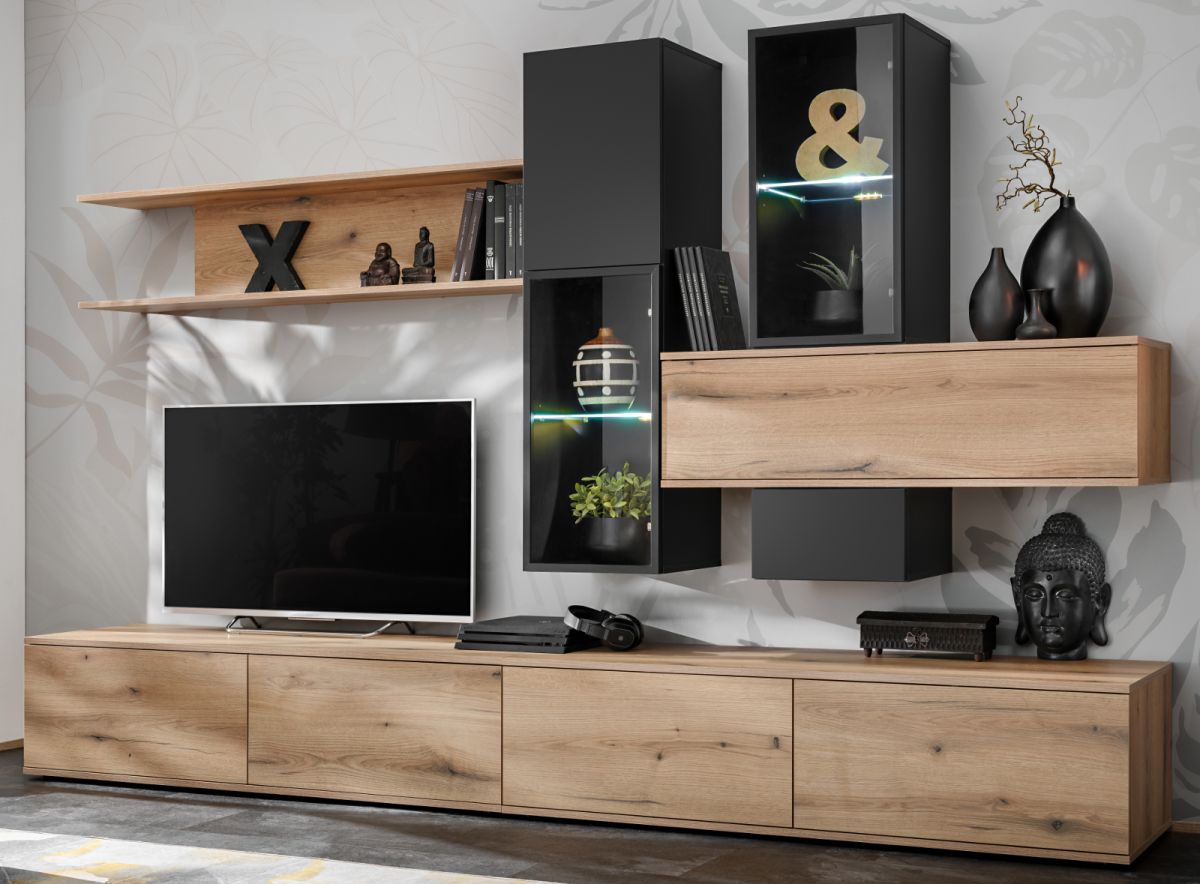 Wohnwand 'Statement' in Evoke Eiche und schwarz 280 cm