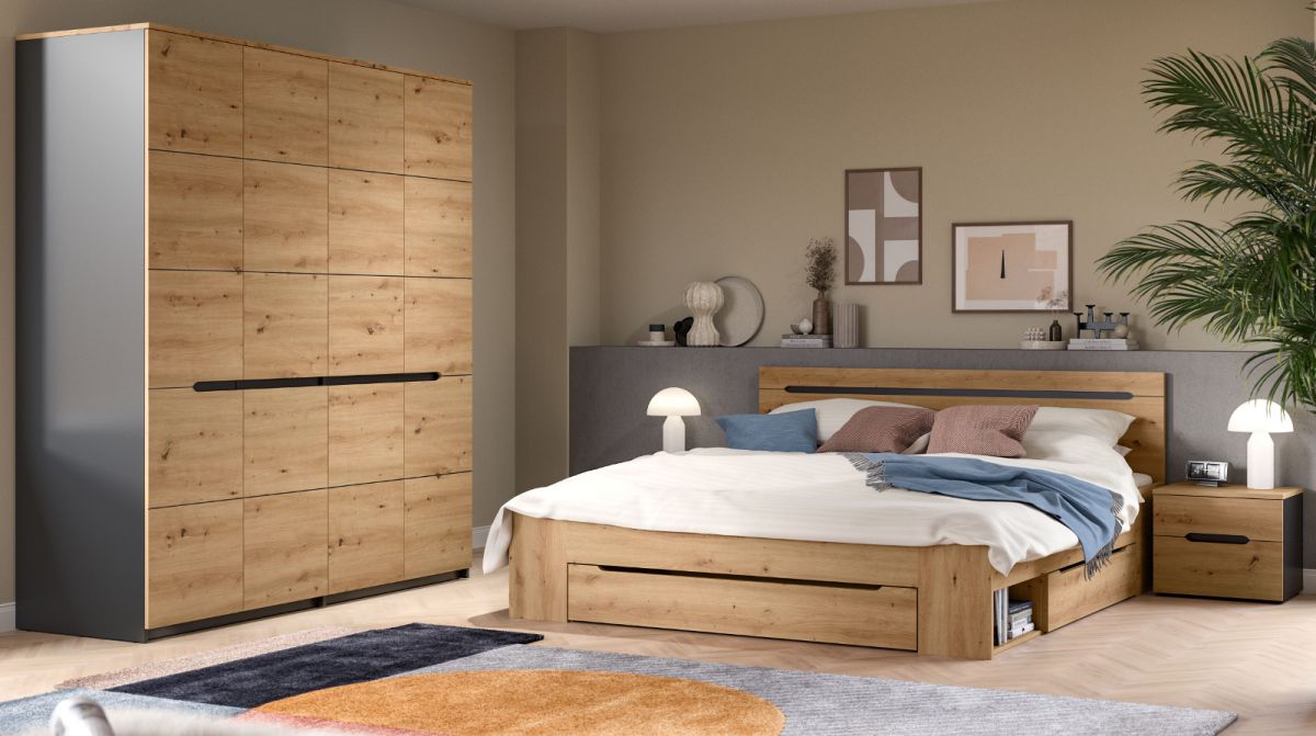 Schlafzimmer Set Cooper in Eiche und grau Liegefläche 180 x 200 cm