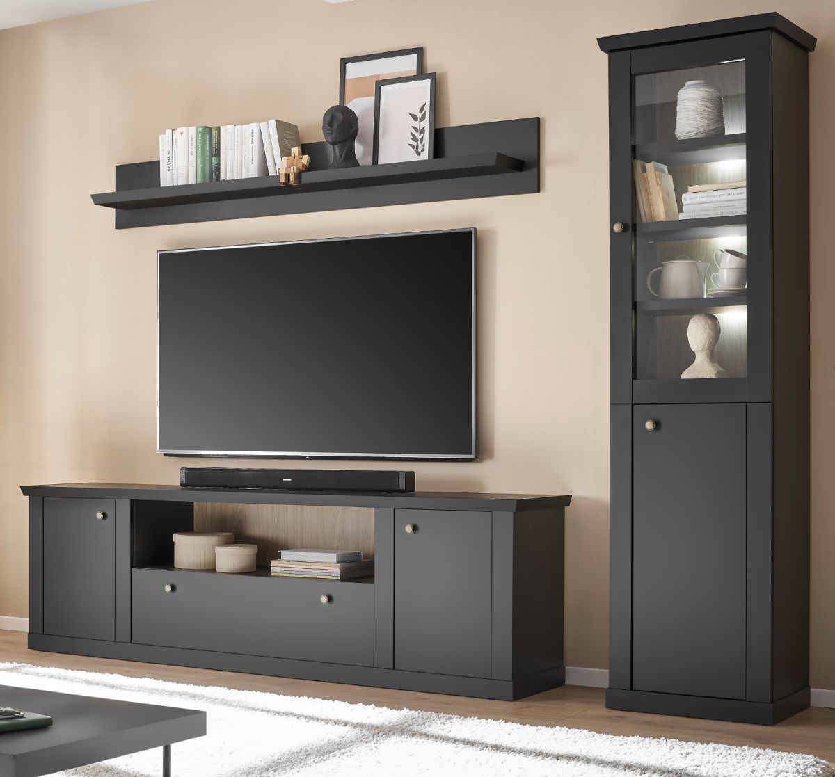 Wohnwand Filmore in schwarz matt Landhaus 270 cm