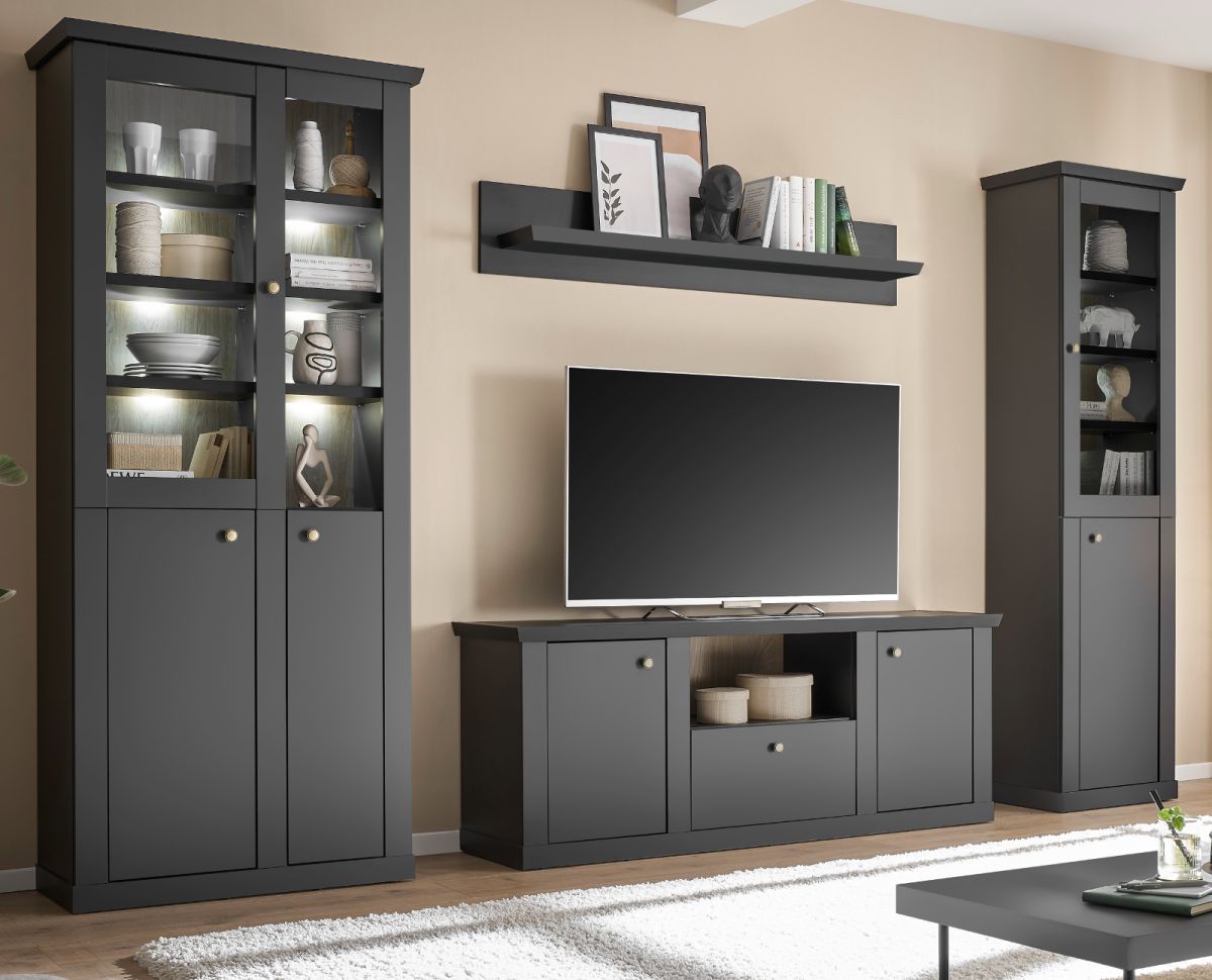 Wohnwand Filmore in schwarz matt Landhaus 319 cm