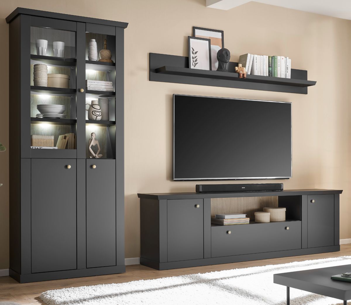 Wohnwand Filmore in schwarz matt Landhaus 300 cm